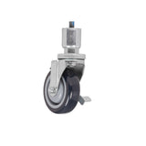 A single adjustable caster wheel with a metal mounting stem and bracket, black and gray rubber wheel, and metal brake lever attached. Features a 6 inch overall height. The background is plain white.
