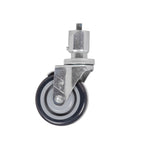 A single swivel caster wheel with a metal mounting bracket and threaded stem. This adjustable caster features a 6 inch overall height, black wheel with gray center, and is attached to a shiny silver frame. The background is plain white.