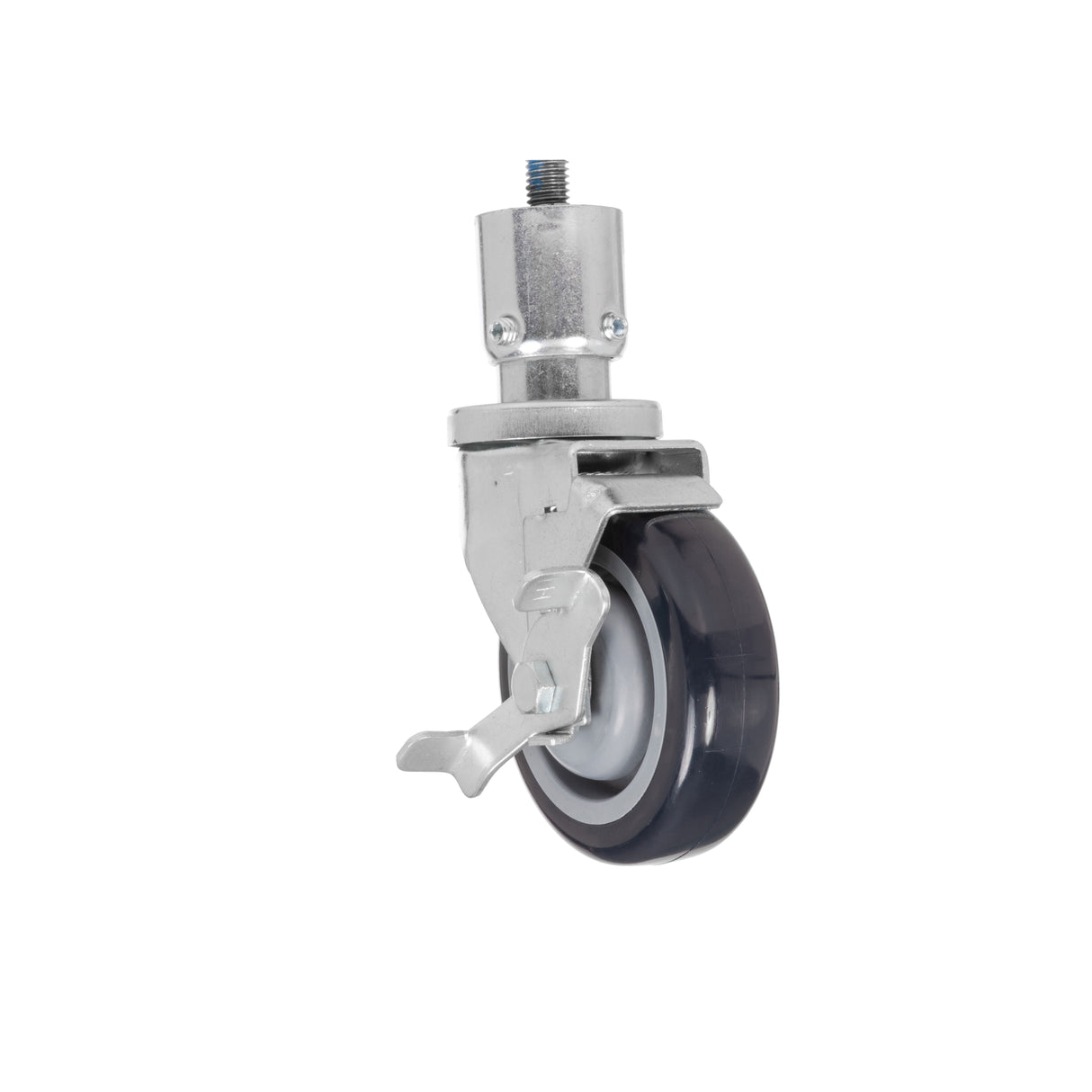 A single swivel caster wheel with a metal mounting bracket and brake lever. Featuring a 6 inch overall height, the wheel is black with a gray center, and the metallic silver bracket ensures stability. The background is plain white, and the wheel is oriented vertically.