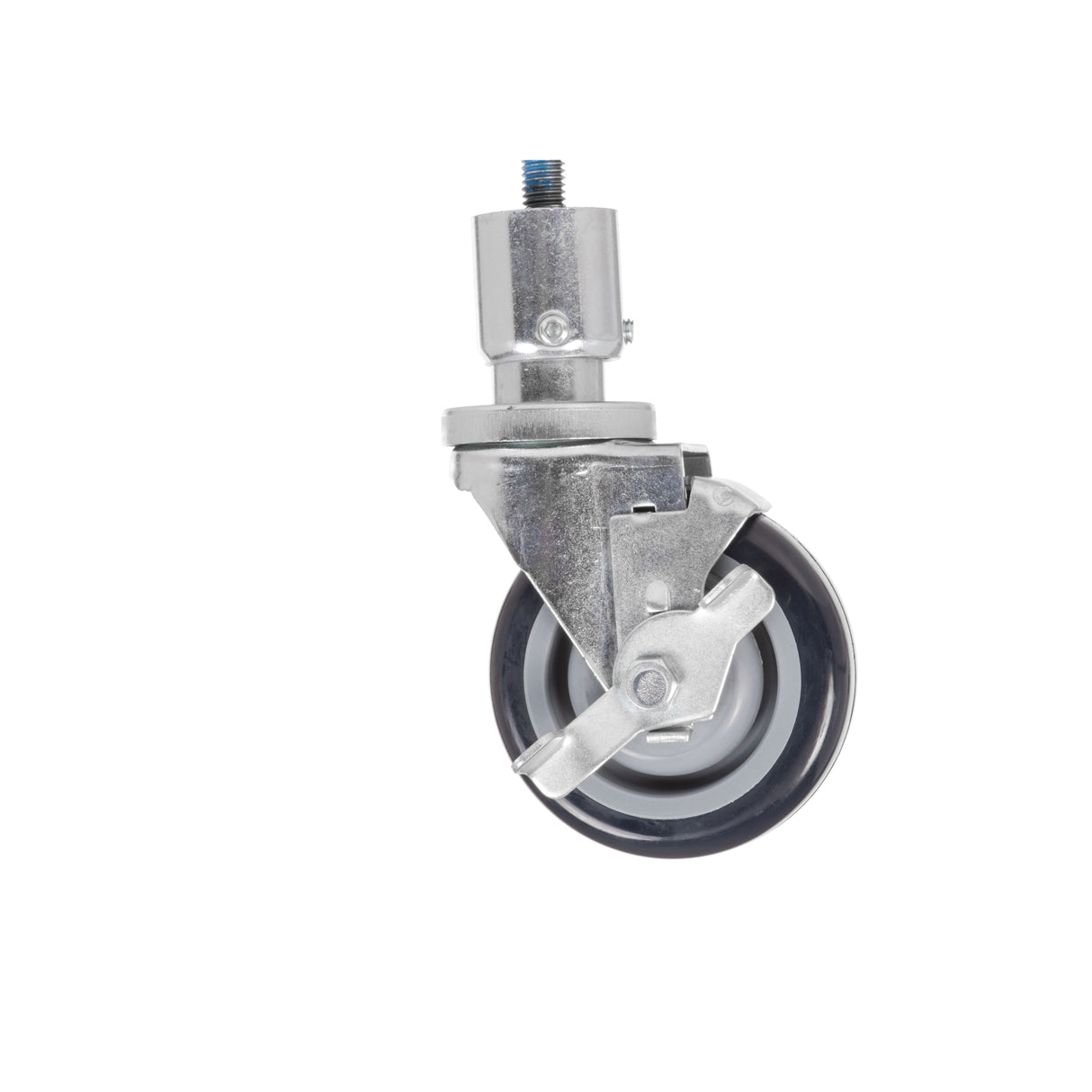 A single swiveling caster wheel with a metal bracket and black rubber tire, featuring a side brake lever, adjustable caster design, 6 inch overall height, and a threaded stem for attachment, isolated on a white background.