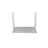 A silver metal rack with a mesh crumb screen base and two vertical side supports is shown against a white background. Designed for Vulcan gas fryers, the rack is positioned horizontally, with its open sides facing upward.
