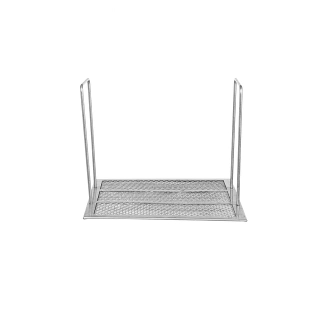 A silver metal rack with a mesh crumb screen base and two vertical side supports is shown against a white background. Designed for Vulcan gas fryers, the rack is positioned horizontally, with its open sides facing upward.