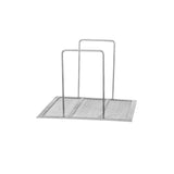 A Vulcan mesh crumb screen wire rack with two vertical dividers and a sturdy mesh base, designed for organizing items upright, is shown against a plain white background—ideal for use with gas fryers.