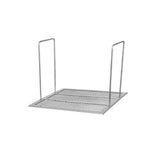 A Vulcan-inspired metal file organizer with a flat, perforated rectangular base and two vertical wire supports. The minimalist, silver-colored structure resembles a mesh crumb screen, ideal for holding and separating files upright.