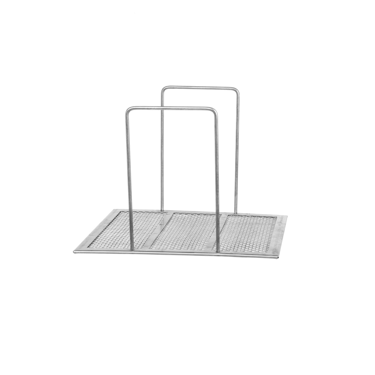 A Vulcan metal taco holder with two upright wire dividers on a perforated rectangular base, similar to a mesh crumb screen, designed to hold tacos upright for easy filling and serving. The holder is pictured on a plain white background.