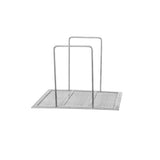 A Vulcan metal taco holder with two upright wire dividers on a perforated rectangular base, similar to a mesh crumb screen, designed to hold tacos upright for easy filling and serving. The holder is pictured on a plain white background.