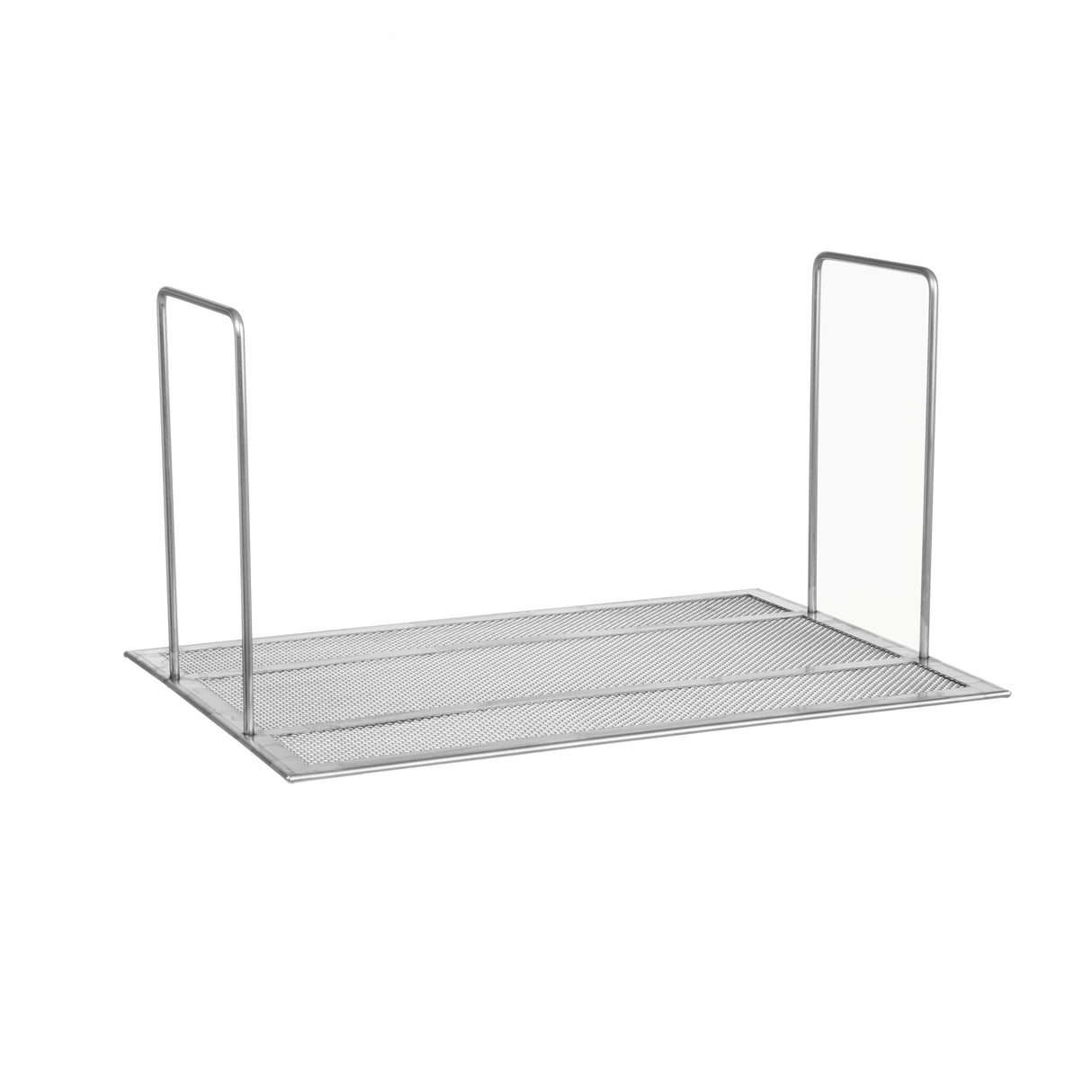 A rectangular metal mesh crumb screen shelf with two vertical wire supports stands upright, ideal for organizing or use in a gas fryer. Minimalistic in design, the 65CRUMB-SCREEN is shown isolated on a plain white background.