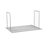 A rectangular metal mesh crumb screen shelf with two vertical wire supports stands upright, ideal for organizing or use in a gas fryer. Minimalistic in design, the 65CRUMB-SCREEN is shown isolated on a plain white background.