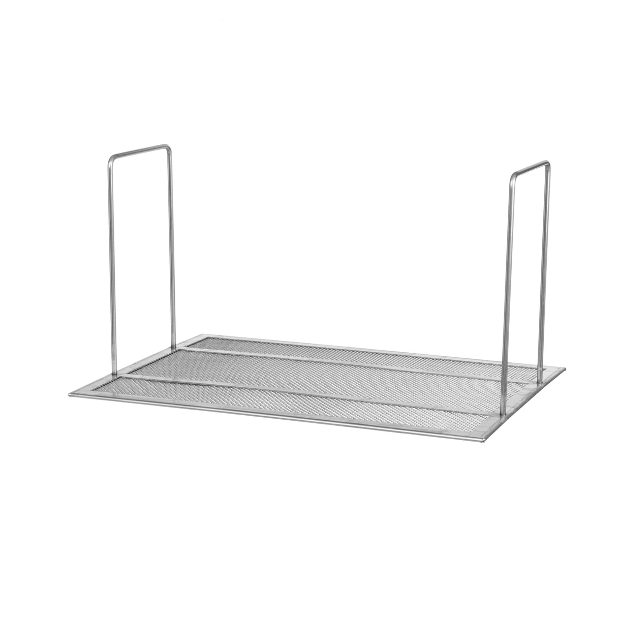 A rectangular metal mesh shelf, similar to a mesh crumb screen, features a thin frame and dual vertical supports for hanging or stacking. This silver, minimalist shelf—like the 65CRUMB-SCREEN for a gas fryer—is shown against a plain white background.