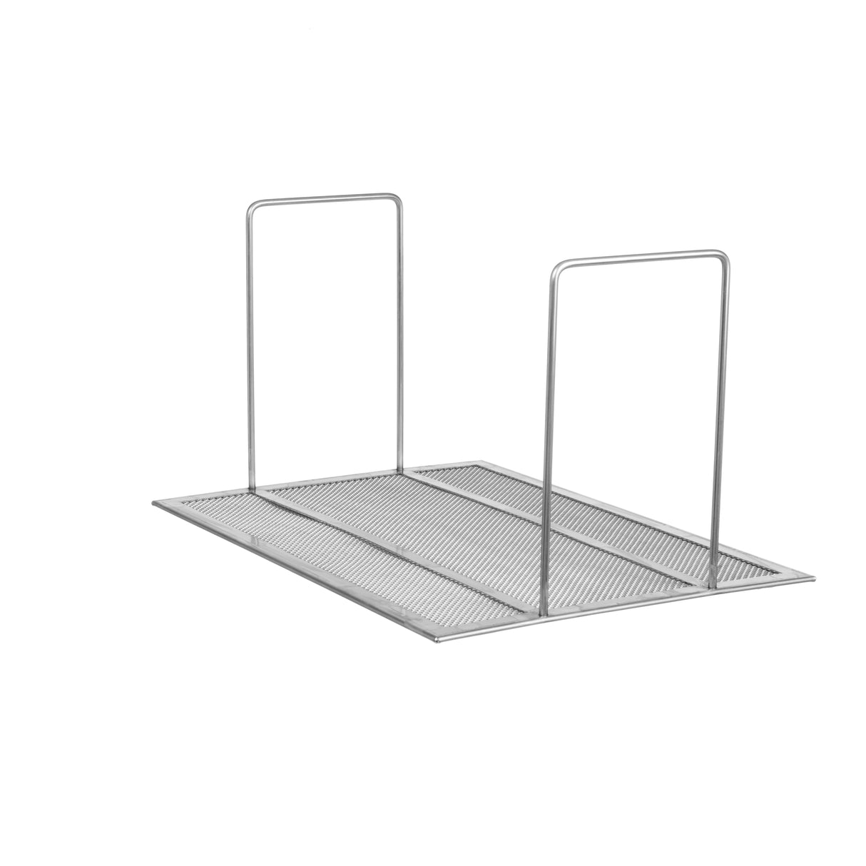 A silver metal mesh file organizer with an open rectangular base and two upright dividers, designed like a mesh crumb screen for neat vertical folder storage. Its minimalist structure is sturdy, ideal for desk or office organization.