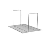 A silver metal mesh file organizer with an open rectangular base and two upright dividers, designed like a mesh crumb screen for neat vertical folder storage. Its minimalist structure is sturdy, ideal for desk or office organization.