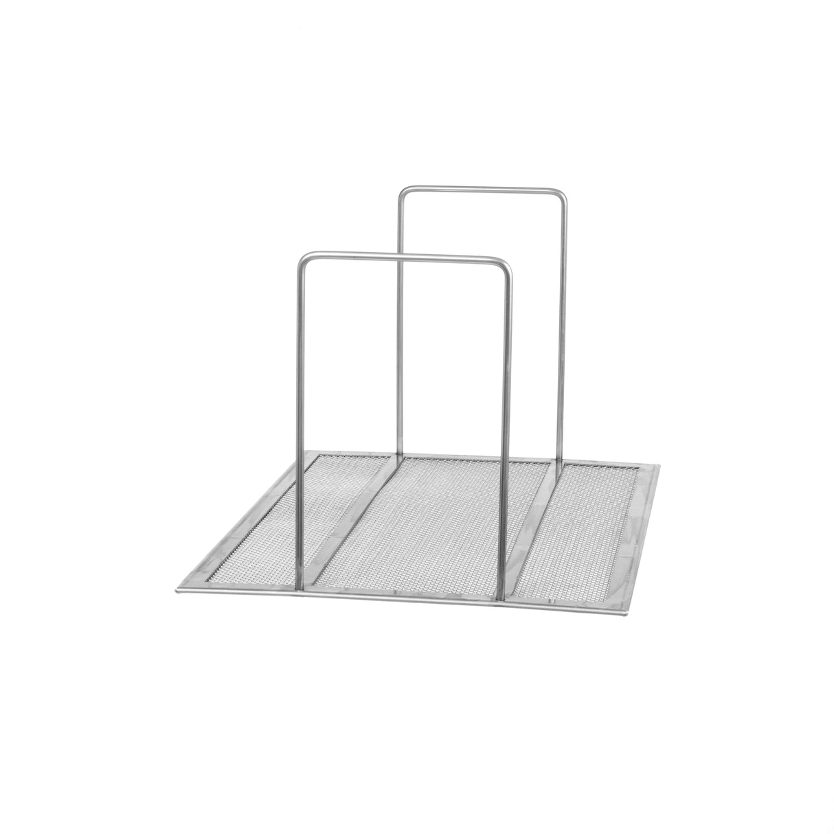 A metal stand with a flat, rectangular mesh crumb screen base and two vertical, parallel wire supports, resembling an open frame for organizing or holding items upright. The stand is photographed on a plain white background.
