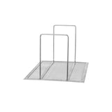 A metal stand with a flat, rectangular mesh crumb screen base and two vertical, parallel wire supports, resembling an open frame for organizing or holding items upright. The stand is photographed on a plain white background.