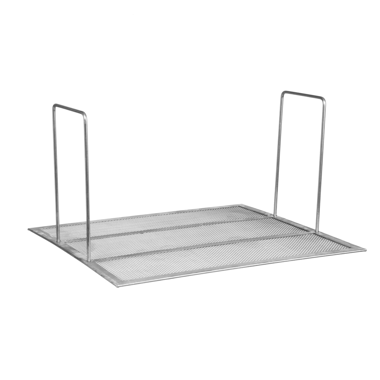 A rectangular Mesh Crumb Screen with two tall, vertical wire handles on opposite ends. Supported by a sturdy frame, this rack is designed for use with Vulcan gas fryers and is shown against a white background.