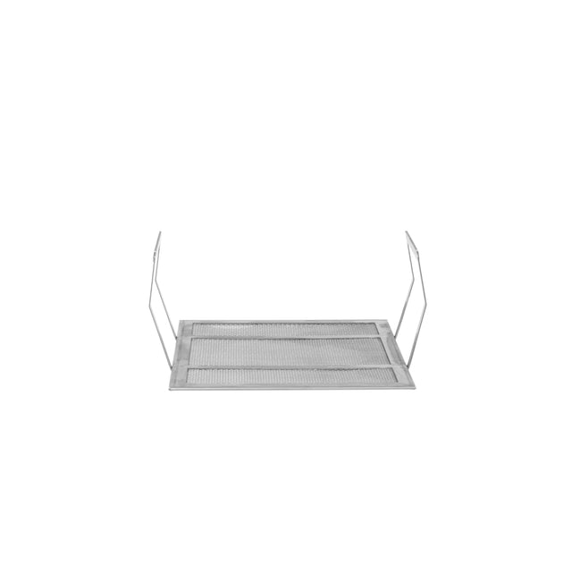 A rectangular Vulcan mesh crumb screen with 1/4" metal mesh and two raised, U-shaped wire handles on each side, photographed against a plain white background. The rack is lightweight and ideal for elevating or draining items.