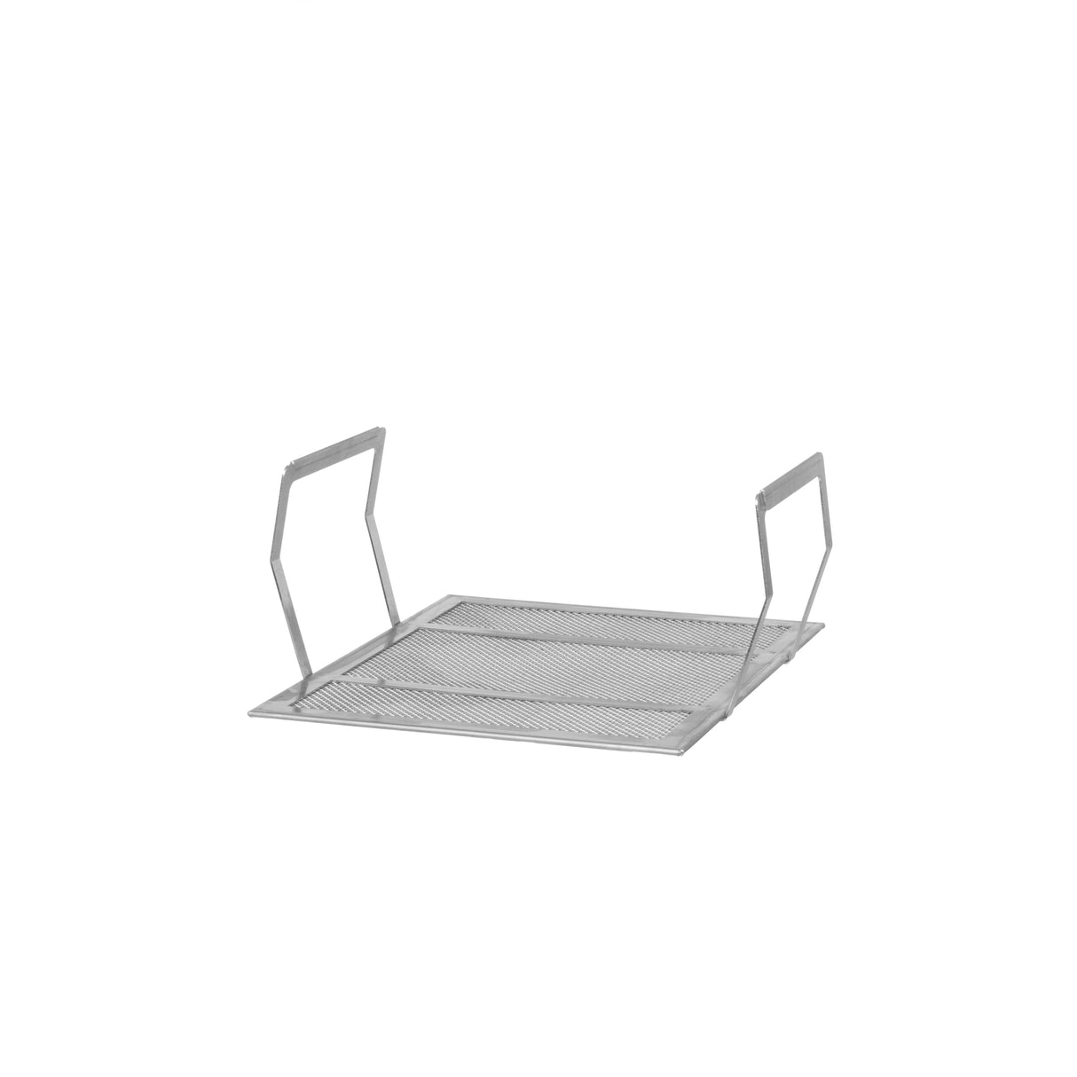 A Vulcan Mesh Crumb Screen grill tray, featuring a fine 1/4" wire mesh and two foldable handles, stands upright in a sleek, minimalist design—perfectly photographed against a plain white background.