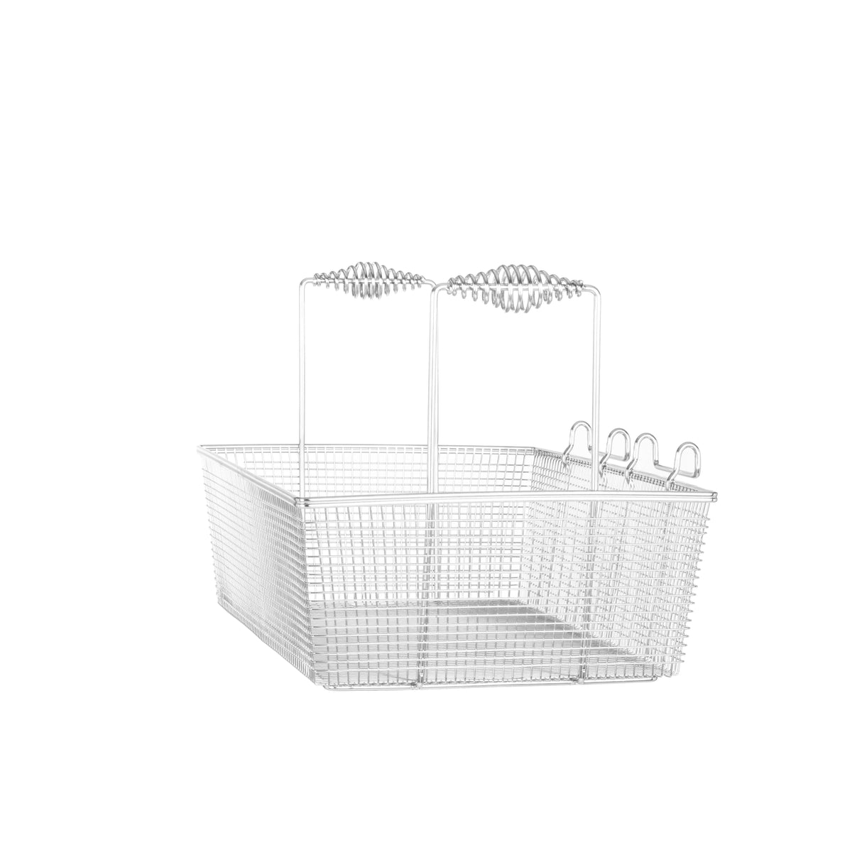 A rectangular metal wire single basket with two tall handles featuring coiled grips and three small hooks on one side. Designed for Vulcan gas fryers, the basket has a mesh design and is photographed against a plain white background.
