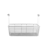 A rectangular metal wire single basket with two vertical hooks extending upward, designed to hang over a cabinet door. This mesh-like Vulcan organizer in a silver finish is perfect for storage or organizing items. The background is plain white.