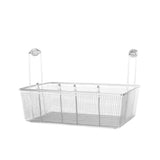 A rectangular, silver wire mesh single basket with handles that curve upward and hooks for hanging. Compatible with Vulcan gas fryers, it has a grid pattern, solid bottom, and is ideal for organizing or storing items. Plain white background.