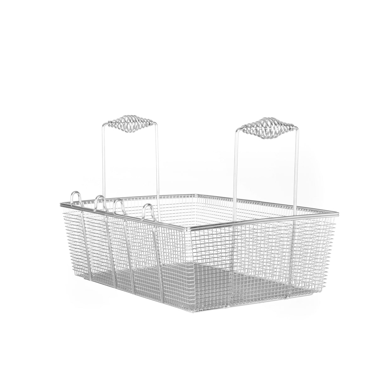 A rectangular Vulcan metal wire basket with two tall handles featuring textured grips. Designed as a single basket for gas fryers, it has a fine mesh construction and is photographed on a white background.