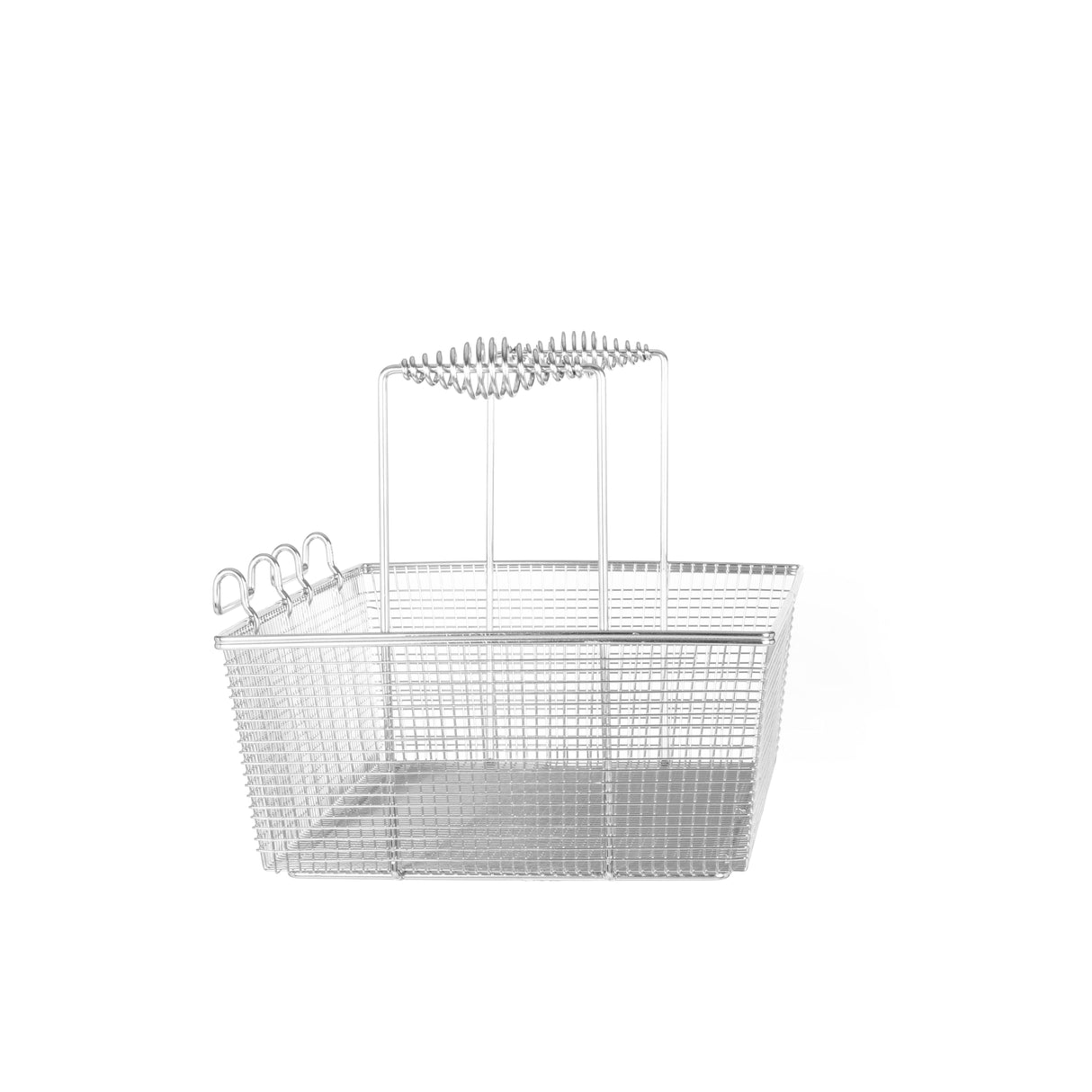 A rectangular metal wire single basket with vertical handles and a wavy grip at the top, designed for Vulcan gas fryers. The basket features small square mesh sides and three metal rings attached to one corner. The background is plain white.