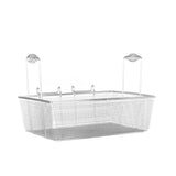 A rectangular metal mesh basket with two upright wire handles on opposite sides, this single basket is ideal for gas fryers. Three small hooks are attached to one long side, while the plain white background highlights the Vulcan basket’s sturdy grid design.