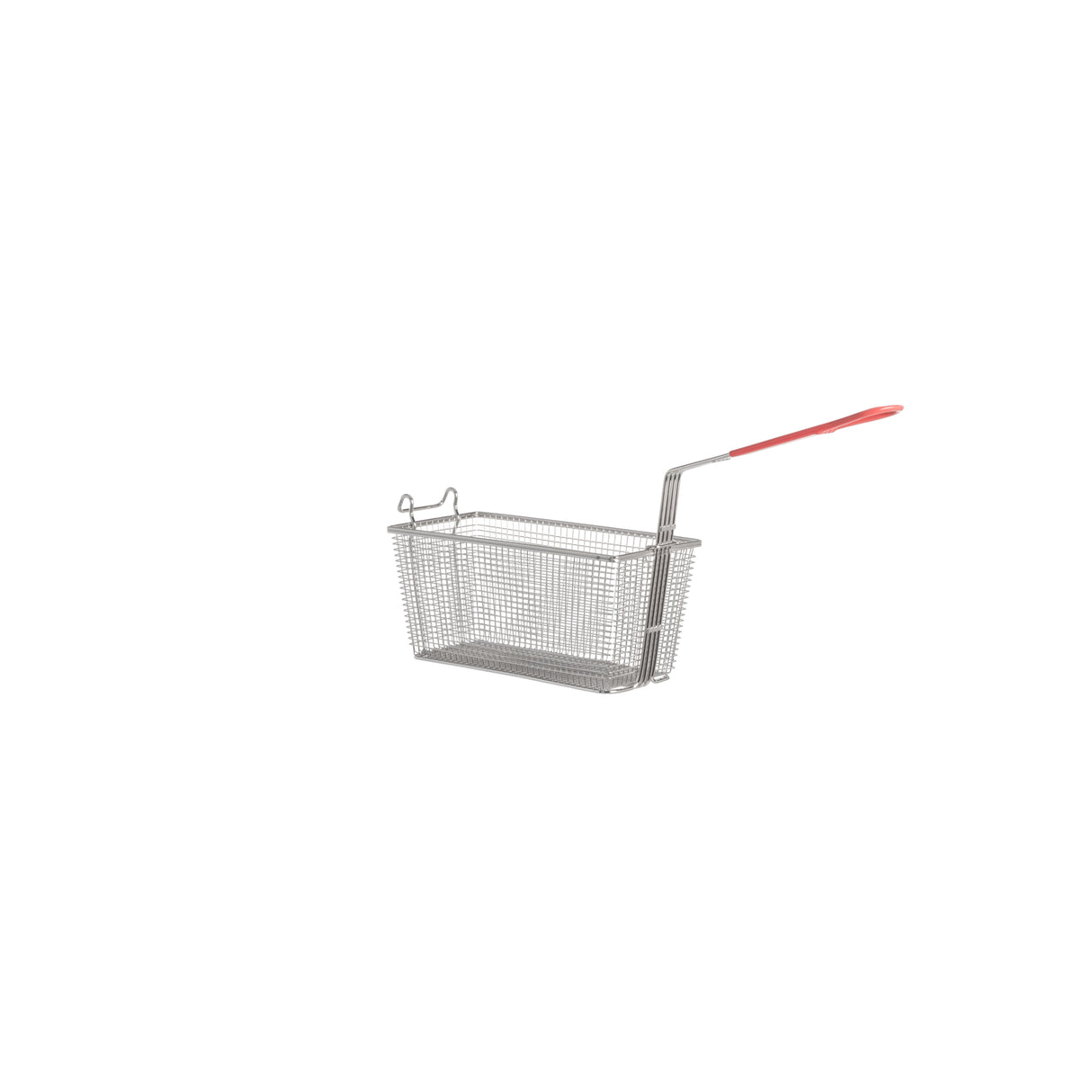 A metal deep fryer basket with a long handle covered in red plastic, designed for Vulcan gas fryers. Featuring a rectangular mesh design, this tri-basket is perfect for safely lowering and lifting food into hot oil. The background is plain white.