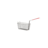 A metal deep fryer basket with a long handle covered in red plastic, designed for Vulcan gas fryers. Featuring a rectangular mesh design, this tri-basket is perfect for safely lowering and lifting food into hot oil. The background is plain white.