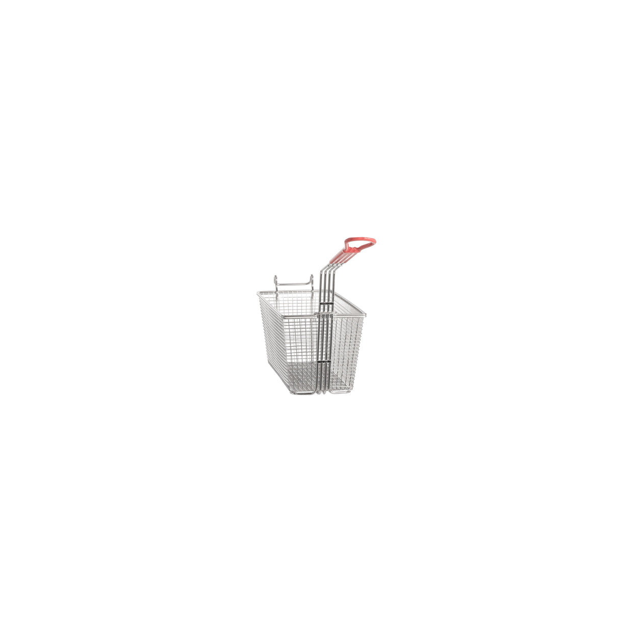 A Vulcan metal deep fryer basket with a red plastic-coated handle is shown upright on a white background. This rectangular metal mesh basket is suitable for holding food items while deep frying in gas fryers or tri-baskets.