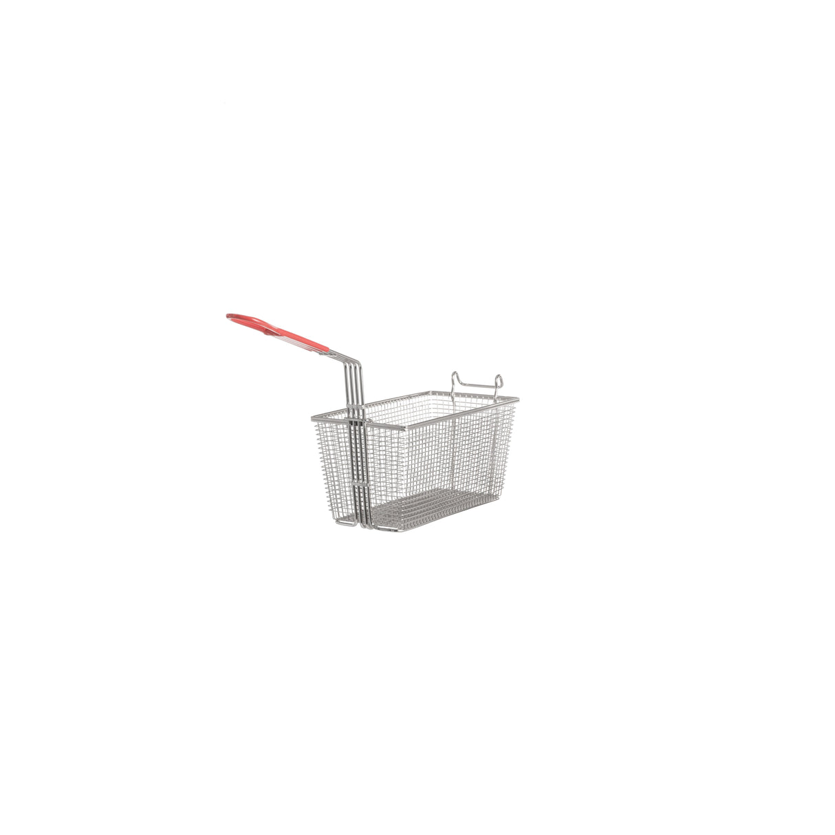 A small, rectangular metal wire basket with a red plastic-coated handle is centered on a white background. The mesh design and size resemble Vulcan gas fryers' tri-baskets, making it look like a miniature deep fryer or food serving basket.