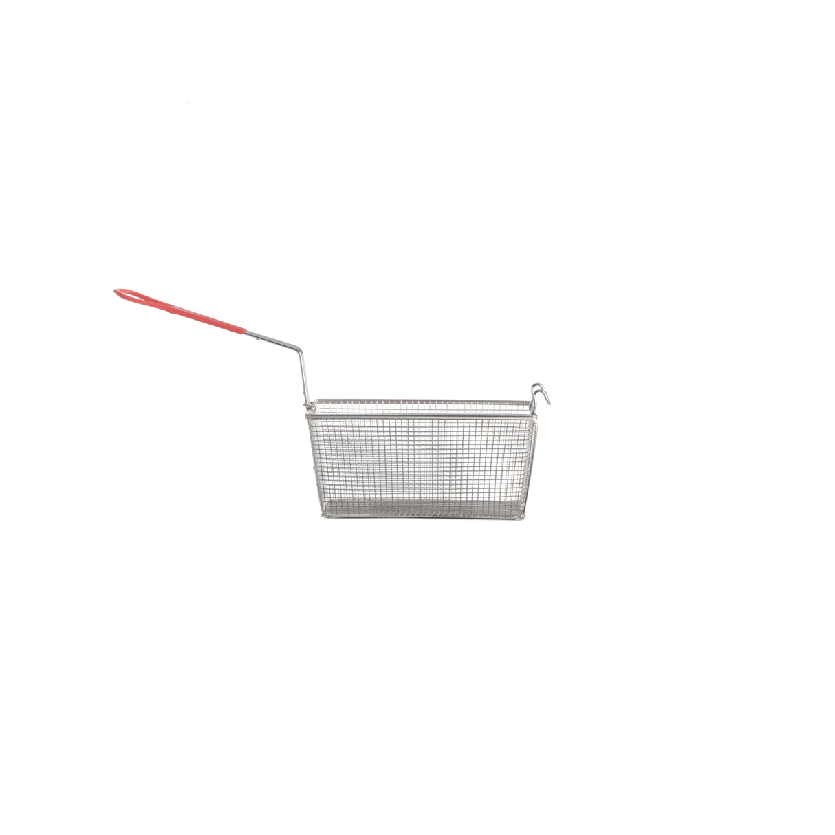 A rectangular metal mesh tri-basket fryer with a long handle coated in red plastic, positioned horizontally on a plain white background. The basket has a hook on one side for hanging and fits perfectly in Vulcan gas fryers.