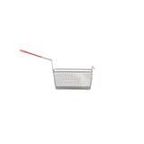 A rectangular metal mesh tri-basket fryer with a long handle coated in red plastic, positioned horizontally on a plain white background. The basket has a hook on one side for hanging and fits perfectly in Vulcan gas fryers.