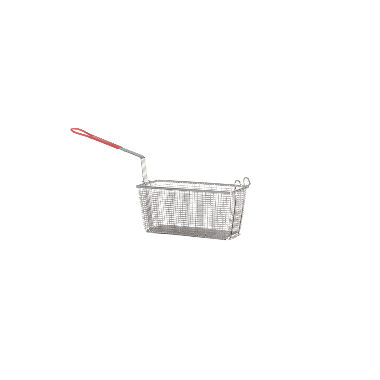 A rectangular metal wire mesh deep fryer basket compatible with Vulcan gas fryers, featuring a red plastic-coated handle. Two small hooks on one side let it rest securely on the fryer edge. Shown isolated on a white background.