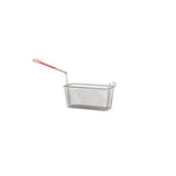 A rectangular metal wire mesh deep fryer basket compatible with Vulcan gas fryers, featuring a red plastic-coated handle. Two small hooks on one side let it rest securely on the fryer edge. Shown isolated on a white background.