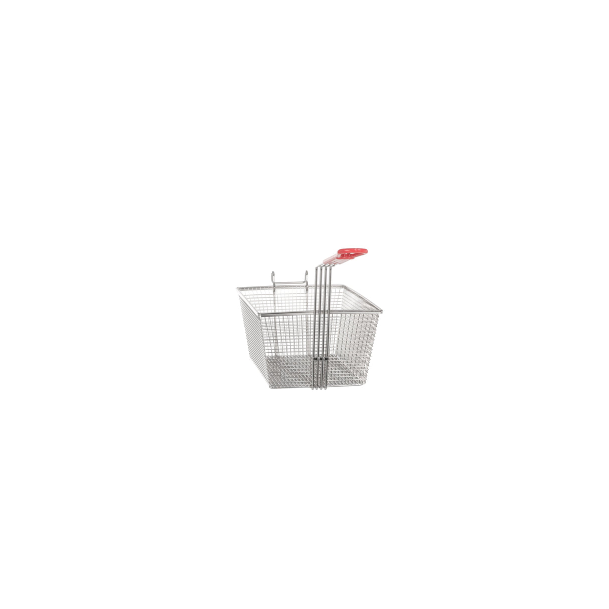 A metal wire deep fryer basket with a mesh design and red plastic handle, positioned upright against a plain white background. This twin basket style is commonly used with Vulcan gas fryers. The basket is empty and centered in the image.