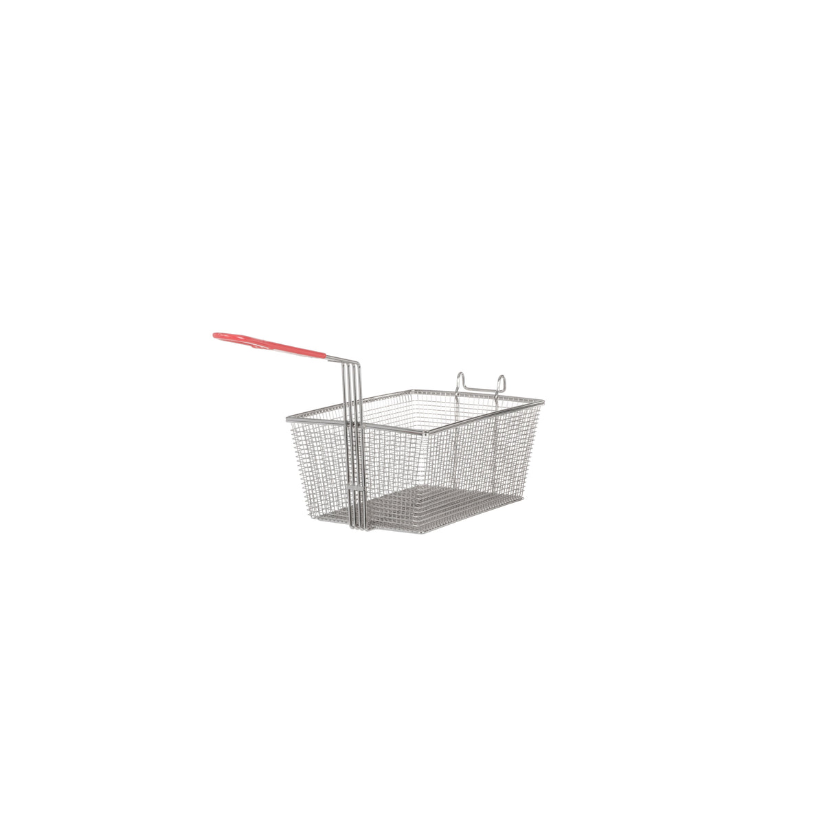 A metal wire fry basket with a rectangular shape and a red plastic-coated handle is shown on a white background. The basket, compatible with Vulcan gas fryers, is empty and designed for use in twin baskets or single deep fryer setups.