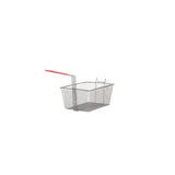 A metal wire fry basket with a rectangular shape and a red plastic-coated handle is shown on a white background. The basket, compatible with Vulcan gas fryers, is empty and designed for use in twin baskets or single deep fryer setups.