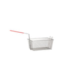 A rectangular metal deep fryer basket with a mesh design, suitable for Vulcan gas fryers, features a red plastic-coated handle and hooks for hanging. Perfect for use with twin baskets, it is shown against a plain white background.