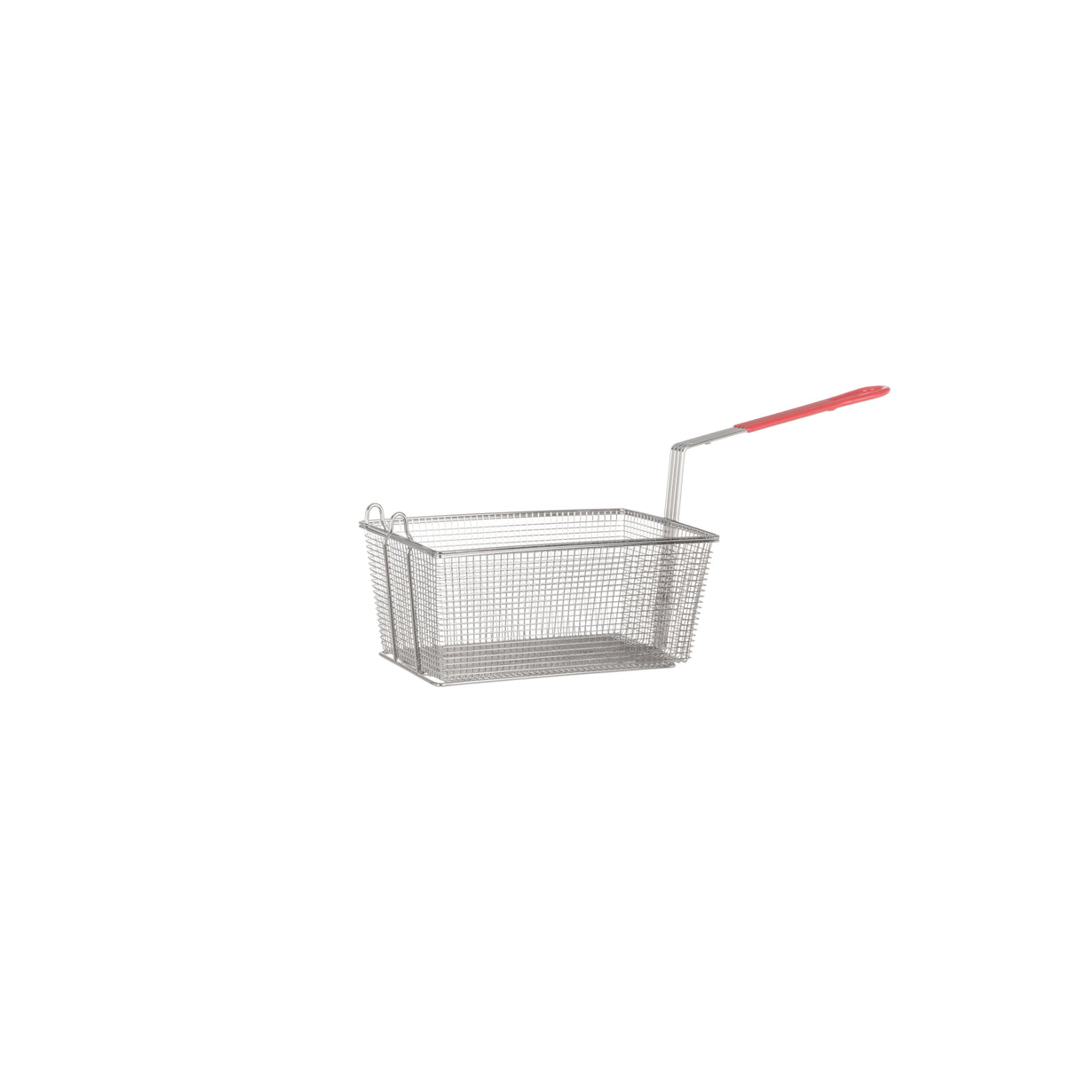 A metal wire deep fryer basket with a rectangular shape and fine mesh sides, designed for use with Vulcan gas fryers. It features a long metal handle covered in red plastic for heat protection, attached at one end. Set against a plain white background.