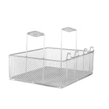 A rectangular silver metal mesh Single Basket with tall, curved wire handles on each side and three small loops attached on one longer edge, designed for Vulcan 85 lbs. fryers, all set against a plain white background.