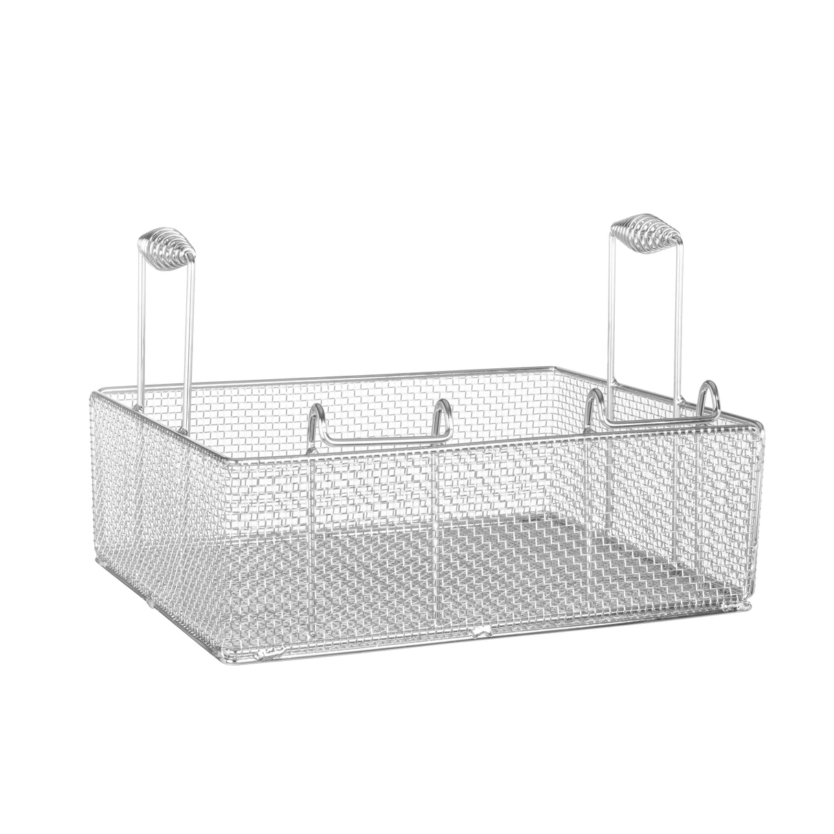 A rectangular silver metal wire basket with mesh sides and base, designed as a Single Basket for Vulcan 85 lbs. fryers. It features two slightly arched, textured handles on opposite ends and is shown empty against a plain white background.
