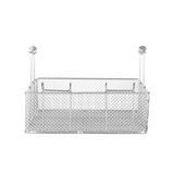 A rectangular silver mesh Single Basket with three front hooks and two rounded mounting arms at the back for hanging, ideal for storage or organization. Designed by Vulcan, it’s perfect for easy access, shown against a plain white background.
