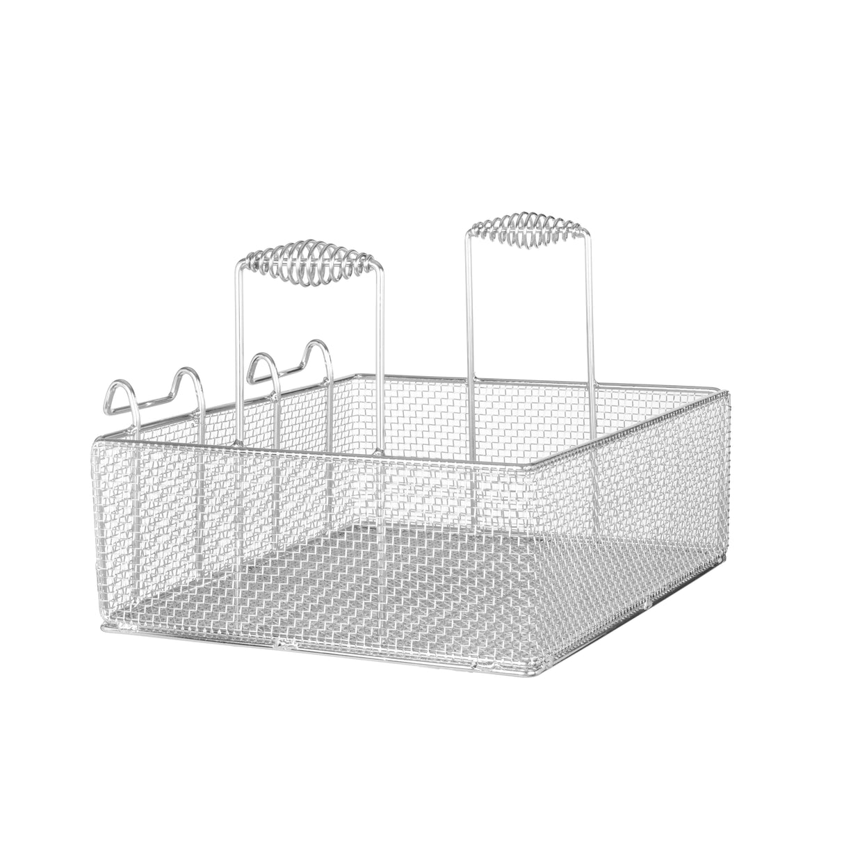 A rectangular Vulcan metal wire basket with mesh sides and base, featuring two upright handles with coiled grips and two small hooks on one side. Suitable for use with Single Basket 85 lbs. fryers, it is empty and displayed against a white background.