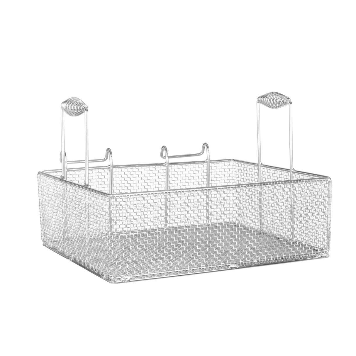 A rectangular Vulcan metal wire basket with a mesh design, raised edges, and two upright handles for easy gripping. Suitable as a single basket for 85 lbs. fryers, it is empty and shown against a white background.
