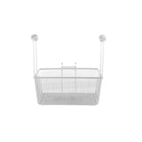A silver metal wire single basket with a mesh design, featuring two round suction cups for mounting, is suspended against a plain white background. The rectangular Vulcan-inspired basket looks ideal for bathroom or kitchen storage.