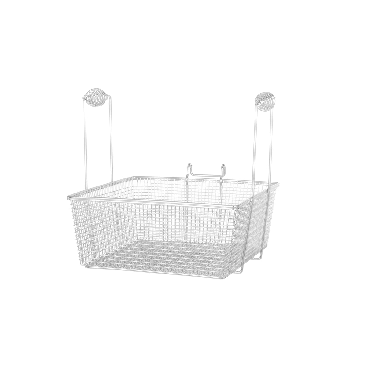 A silver metal wire Vulcan single basket with two hooks for hanging, designed for over-the-cabinet or shelf storage. Rectangular and open at the top, this fryer basket features protective padding on the hook ends. The background is plain white.