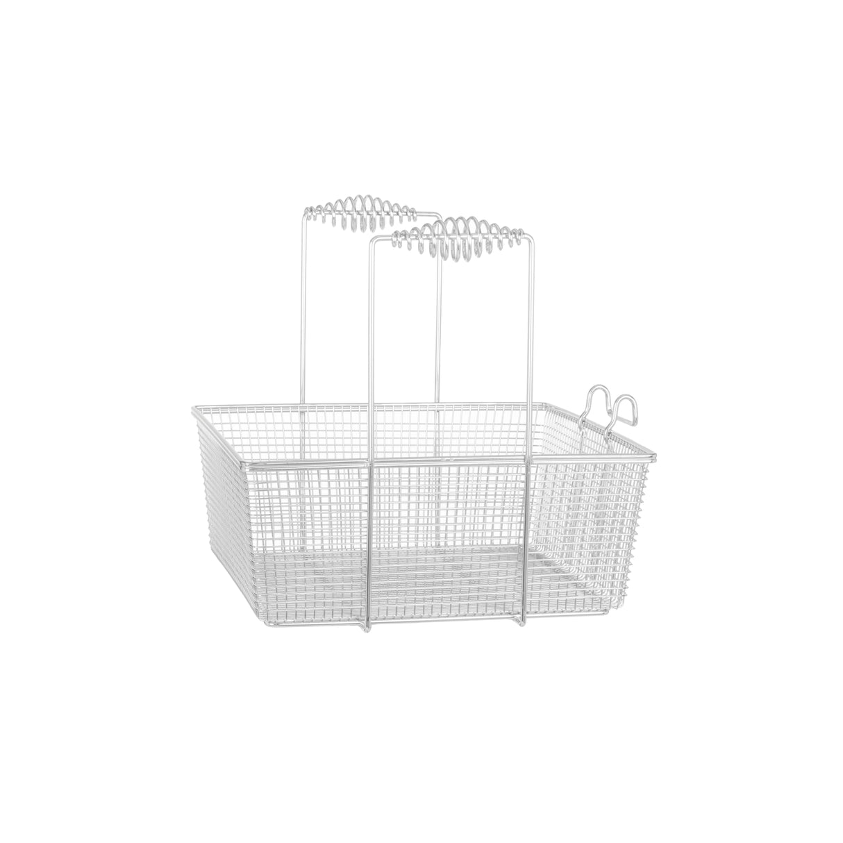 A Vulcan fryer basket with mesh sides and two handles, each featuring a coiled grip. This single basket includes hooks on one end and is positioned against a plain white background.