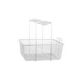 A Vulcan fryer basket with mesh sides and two handles, each featuring a coiled grip. This single basket includes hooks on one end and is positioned against a plain white background.