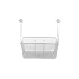 A wire mesh fryer basket with two hooks attached at the top. The Vulcan single basket is rectangular and silver, featuring a grid pattern and open sides for ventilation. It can be hung on a rod or over a cabinet door. The background is white.