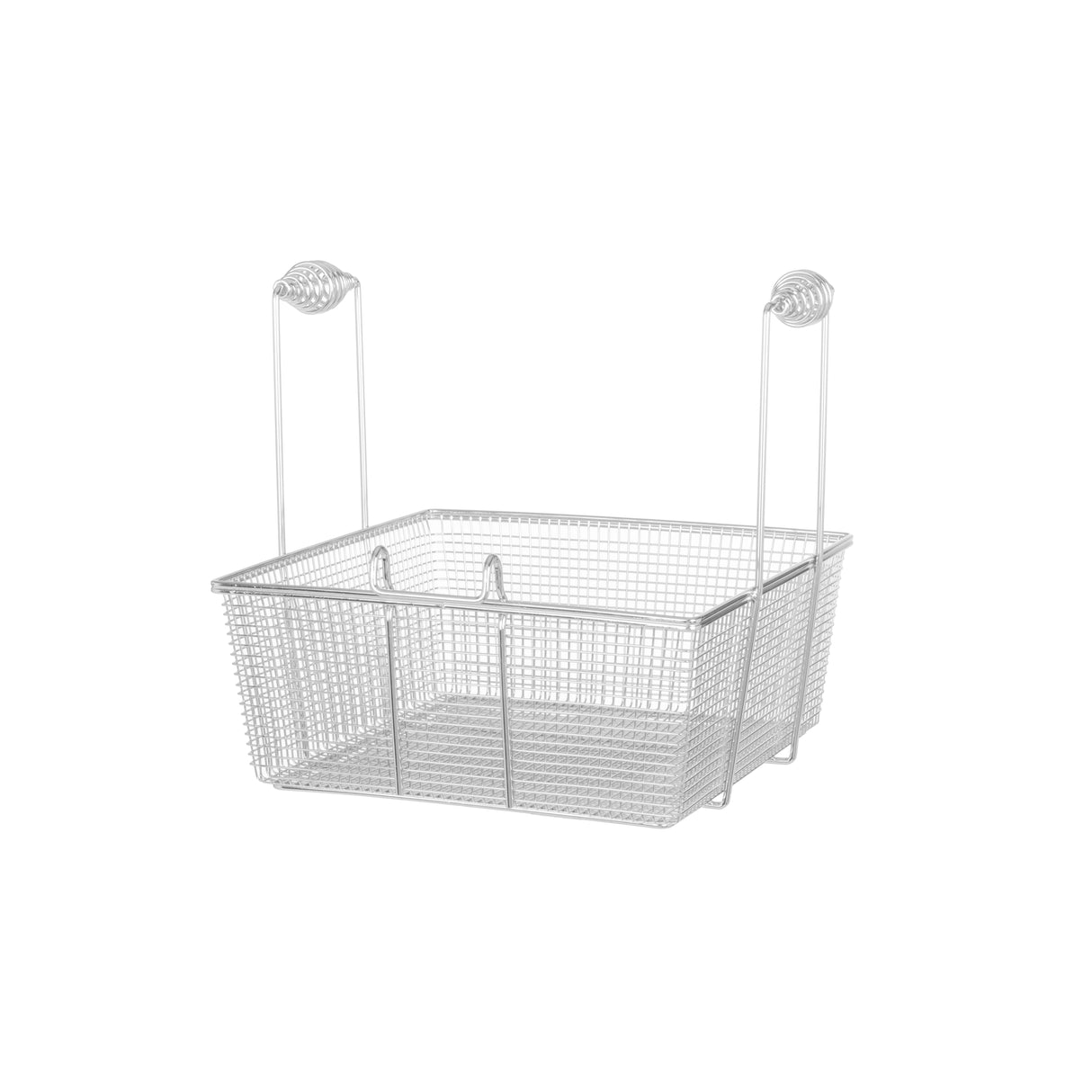 A silver wire mesh single basket with two over-the-door hooks attached at the top, designed for hanging on a cabinet or door. The rectangular Vulcan basket has open mesh sides, ideal for storage or organization. The background is plain white.